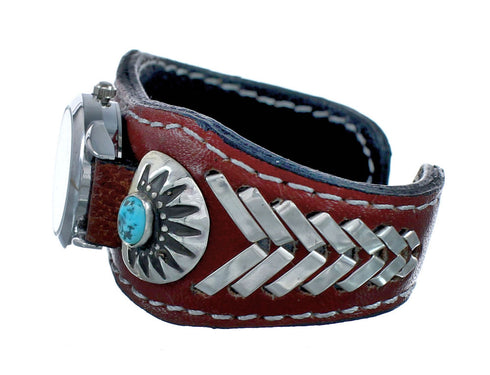 Genuine Navajo Turquoise Sterling Silver Leather Cuff Watch NN20306